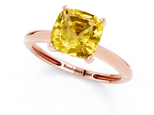 Rose gold Cushion Cut Yellow Sapphire Solitaire Engagement Ring with Classic Band and Four-Prong Setting