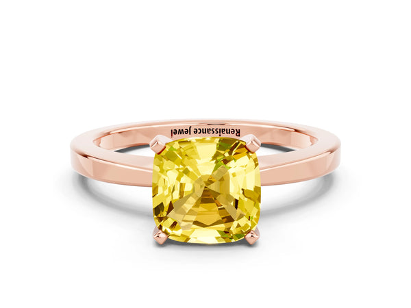 Rose gold Cushion Cut Yellow Sapphire Solitaire Engagement Ring with Classic Band and Four-Prong Setting