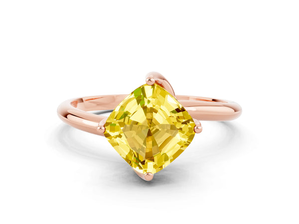 Rose gold Cushion Cut Yellow Sapphire Solitaire Engagement Ring with Four-Prong Setting and Classic Band