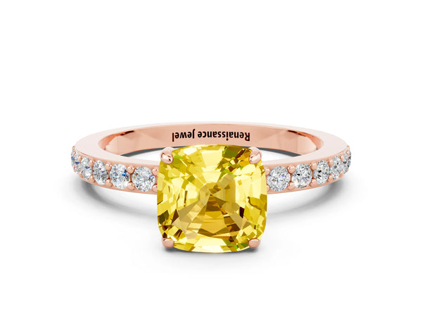 Rose gold Cushion Cut Yellow Sapphire Solitaire Engagement Ring with Pavé Band and Four-Prong Setting