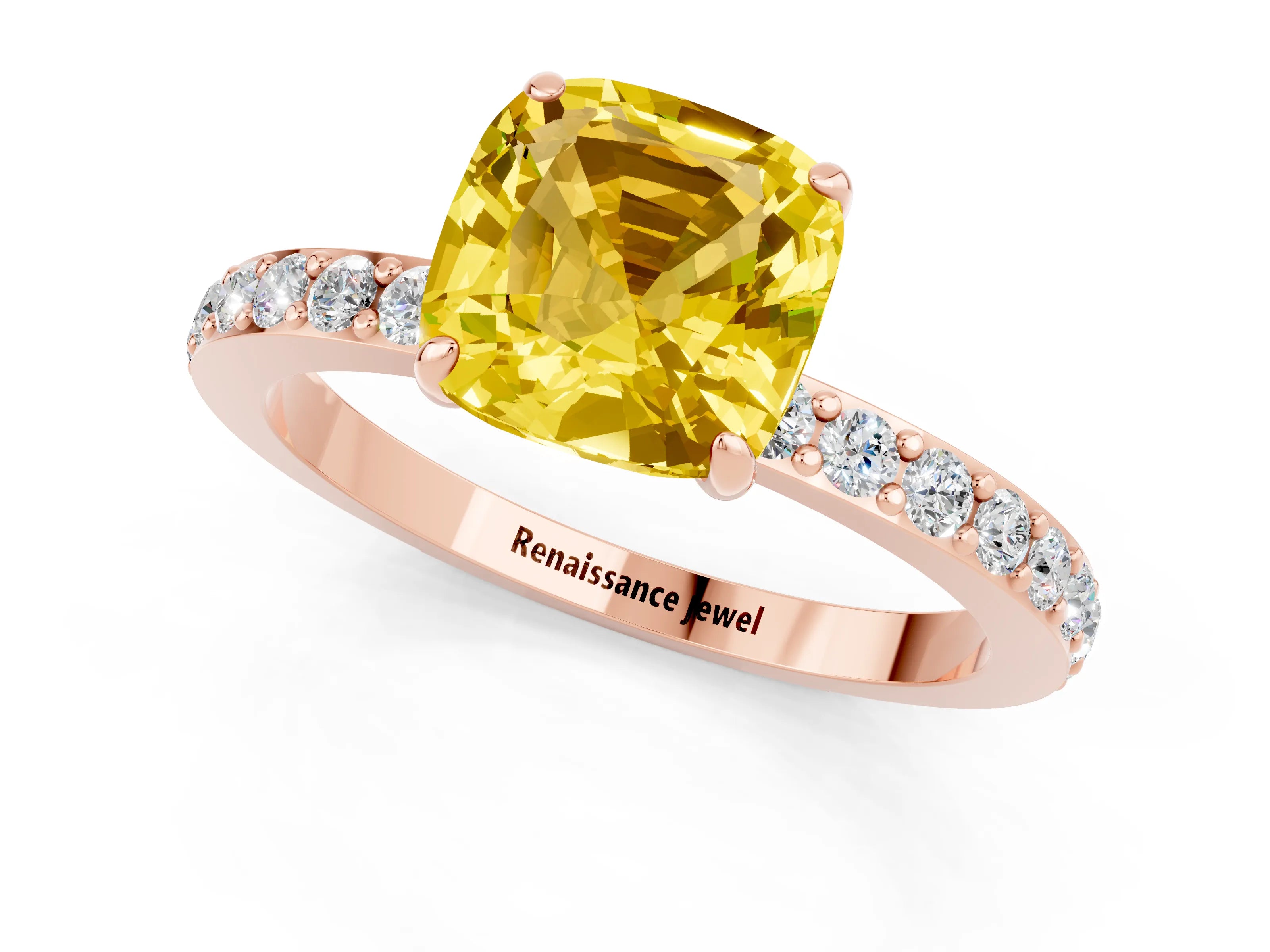 Rose gold Cushion Cut Yellow Sapphire Solitaire Engagement Ring with Pavé Band and Four-Prong Setting_25