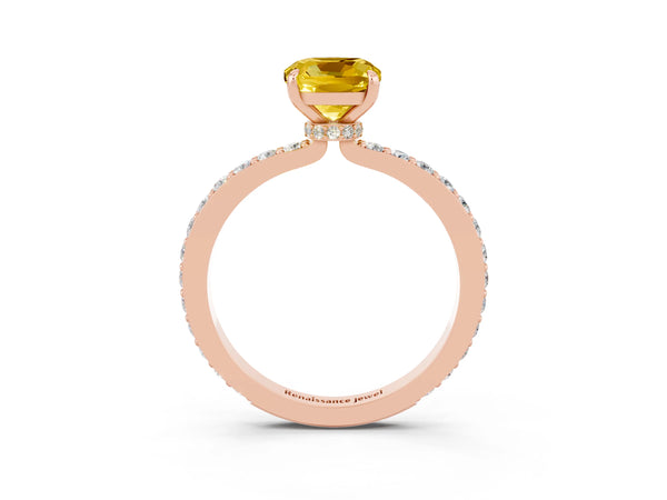Rose gold Cushion Cut Yellow Sapphire Solitaire Engagement Ring with Pavé Band and Four-Prong Setting