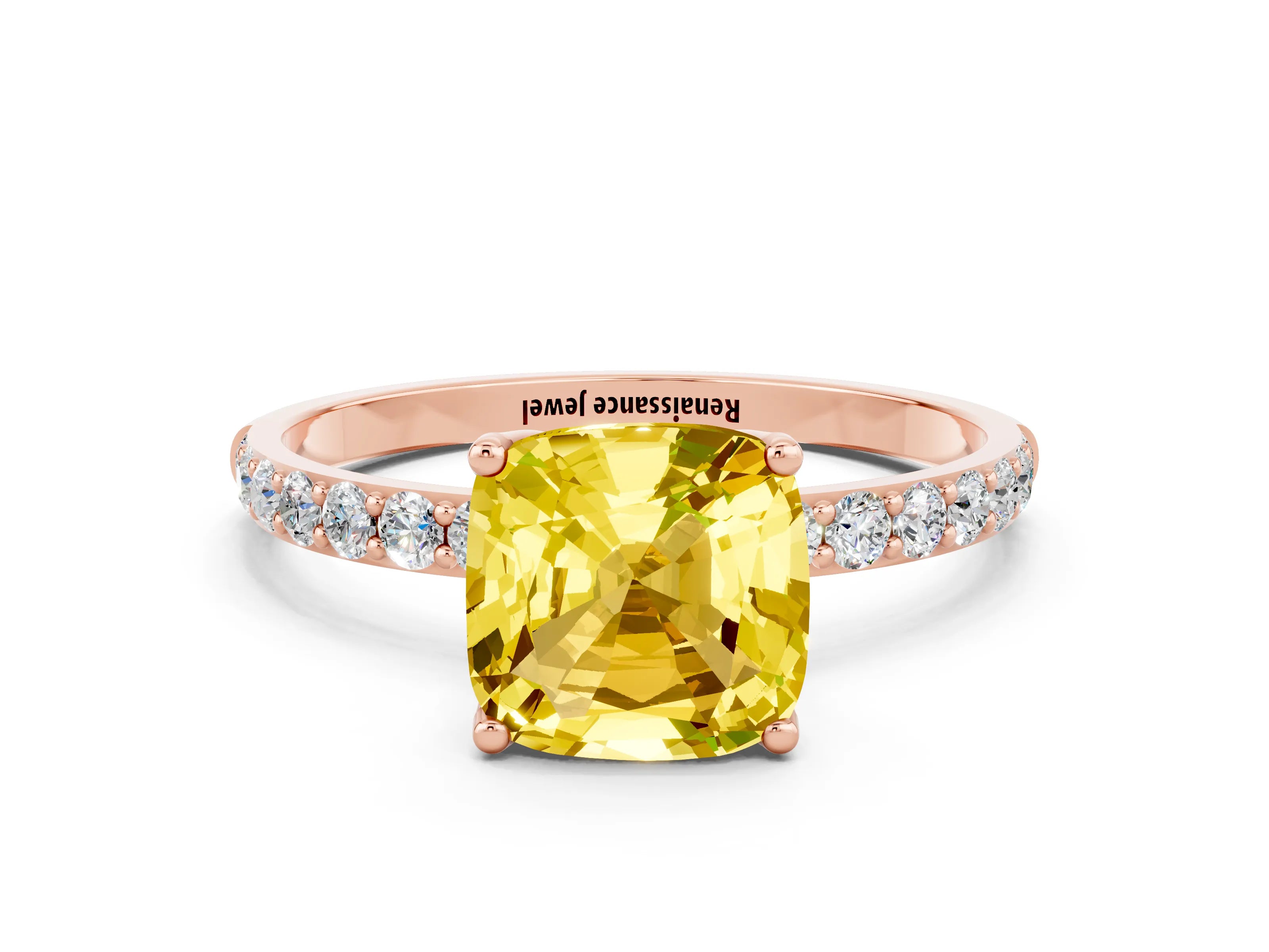 Rose gold Cushion Cut Yellow Sapphire Solitaire Engagement Ring with Pavé Band and Prong Setting