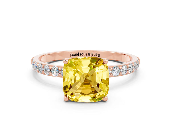 Rose gold Cushion Cut Yellow Sapphire Solitaire Engagement Ring with Round  Pavé Band and Prong Setting