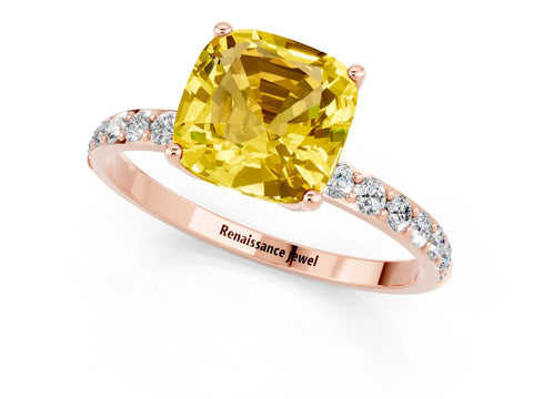Rose gold Cushion Cut Yellow Sapphire Solitaire Engagement Ring with Pavé Band and Prong Setting_1