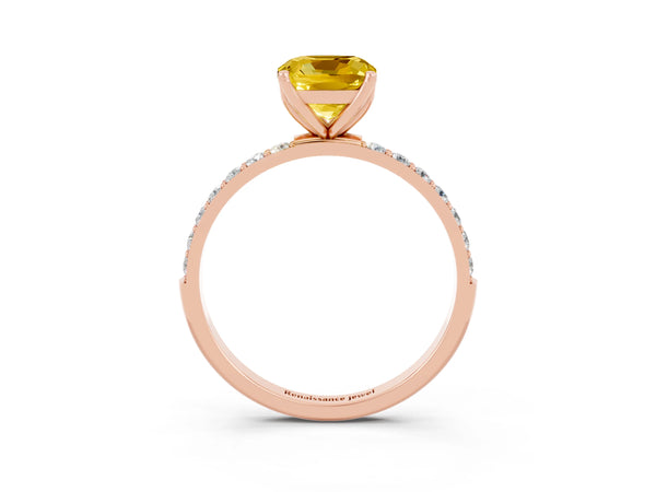 Rose gold Cushion Cut Yellow Sapphire Solitaire Engagement Ring with Round  Pavé Band and Prong Setting