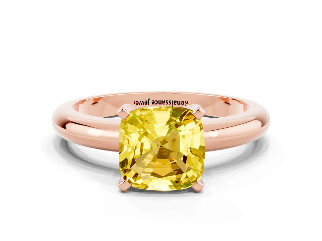 Rose gold Cushion Cut Yellow Sapphire Solitaire Engagement Ring with Round Band and Four-Prong Setting_24