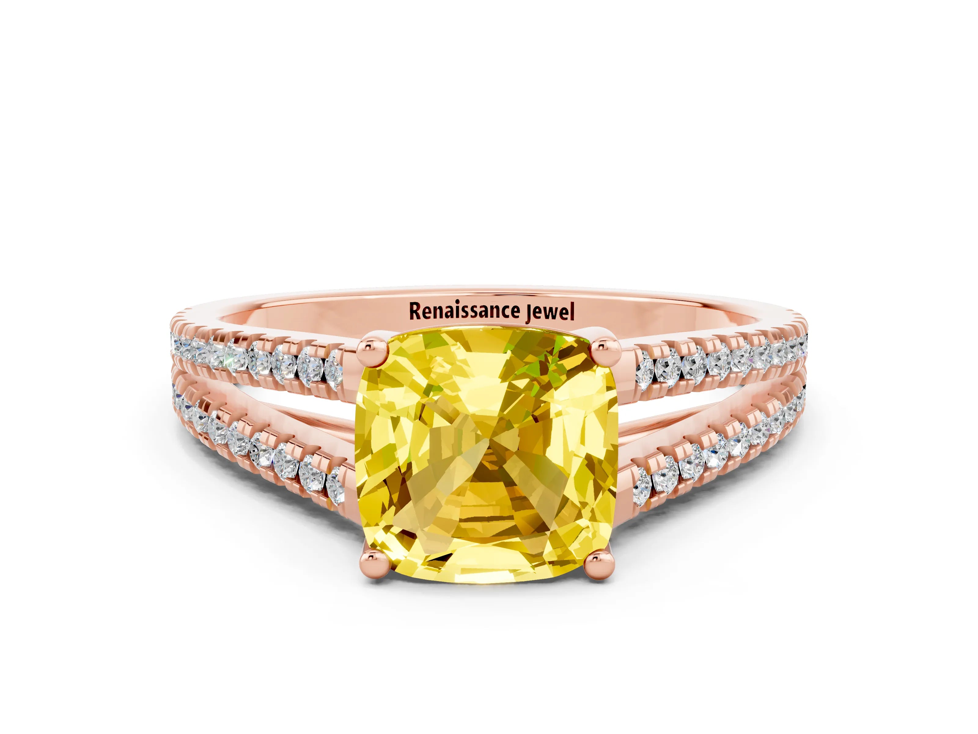 Rose gold Cushion Cut Yellow Sapphire Solitaire Engagement Ring with Split Shank Pavé Band_12
