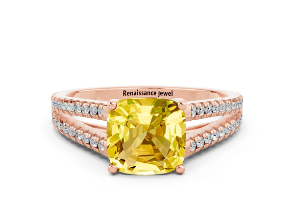 Rose gold Cushion Cut Yellow Sapphire Solitaire Engagement Ring with Split Shank Pavé Band