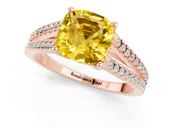 Rose gold Cushion Cut Yellow Sapphire Solitaire Engagement Ring with Split Shank Pavé Band