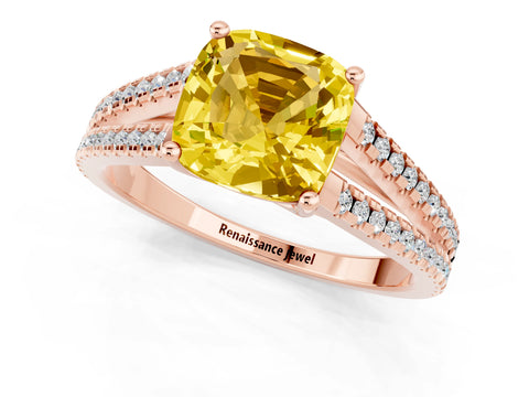 Rose gold Cushion Cut Yellow Sapphire Solitaire Engagement Ring with Split Shank Pavé Band_13
