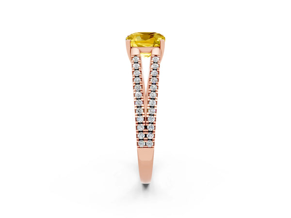 Rose gold Cushion Cut Yellow Sapphire Solitaire Engagement Ring with Split Shank Pavé Band