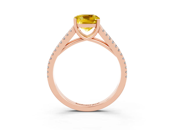 Rose gold Cushion Cut Yellow Sapphire Solitaire Engagement Ring with Split Shank Pavé Band