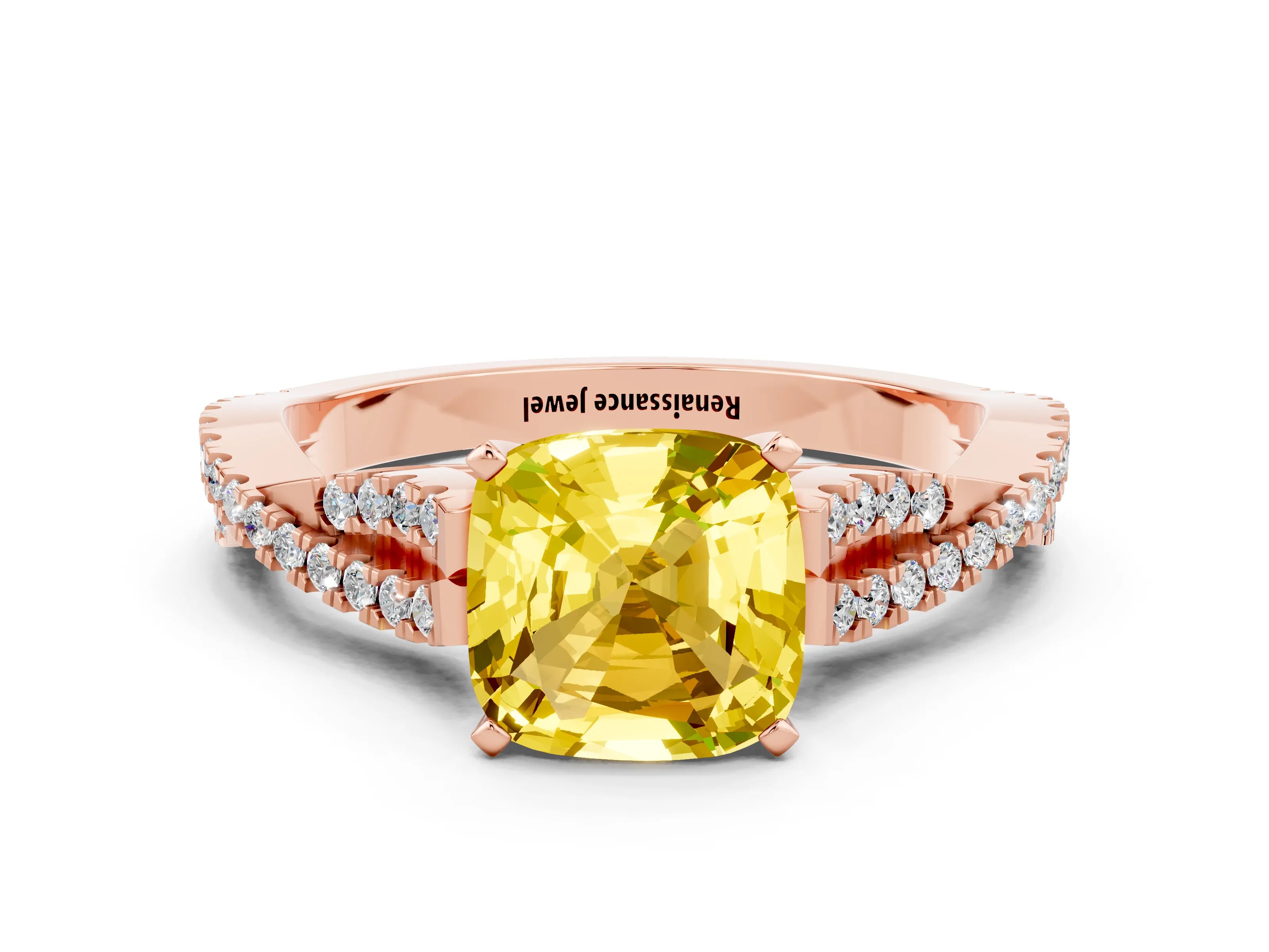 Rose gold Cushion Cut Yellow Sapphire Solitaire Engagement Ring with Twisted Pavé Band and Four-Prong Setting_24