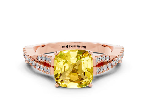 Rose gold Cushion Cut Yellow Sapphire Solitaire Engagement Ring with Twisted Pavé Band and Four-Prong Setting_24