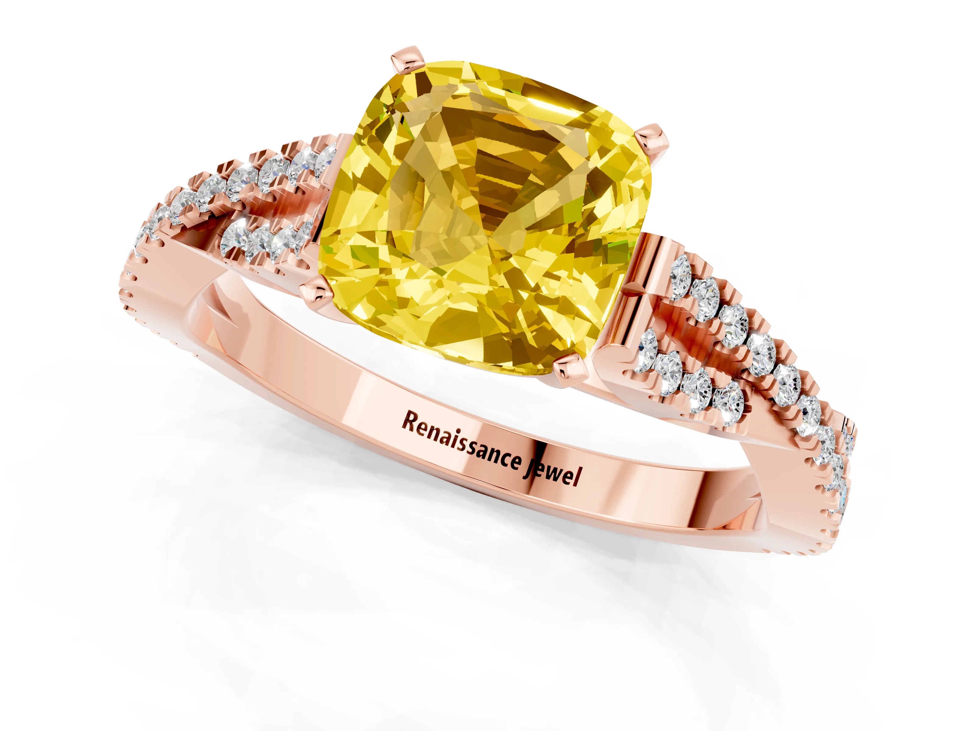 Rose gold Cushion Cut Yellow Sapphire Solitaire Engagement Ring with Twisted Pavé Band and Four-Prong Setting_25