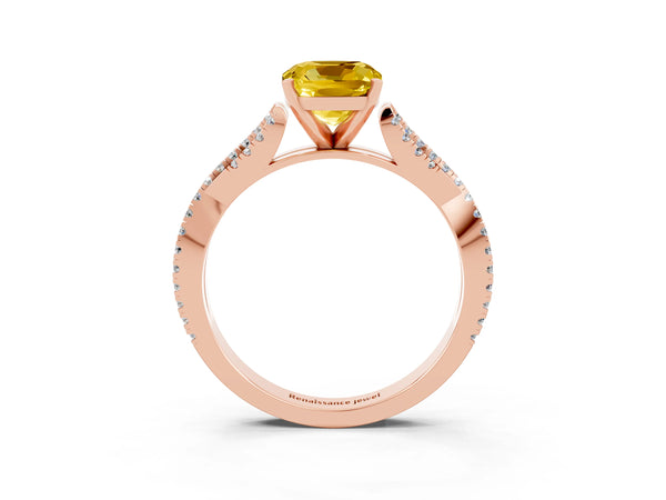 Rose gold Cushion Cut Yellow Sapphire Solitaire Engagement Ring with Twisted Pavé Band and Four-Prong Setting
