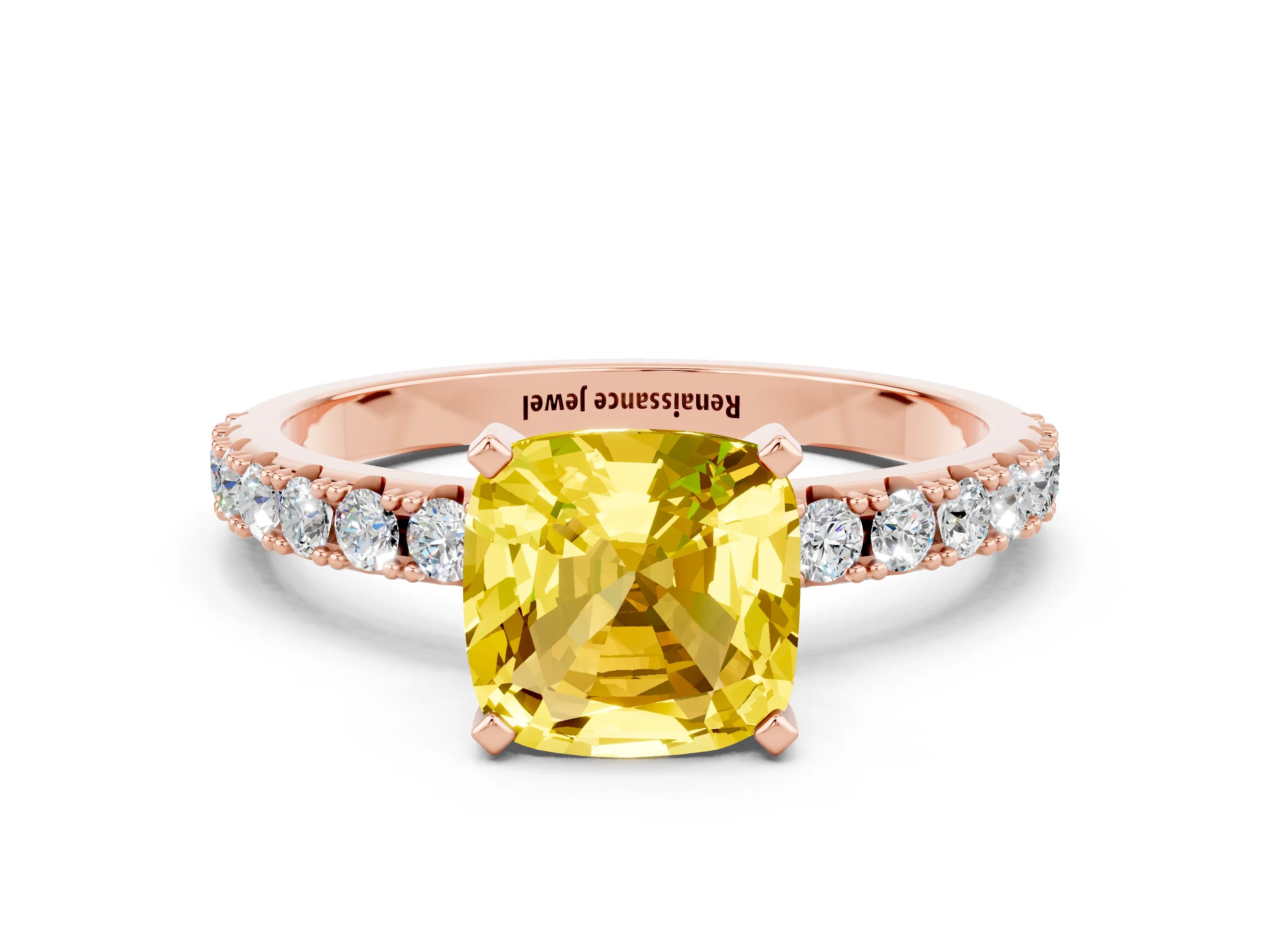 Rose gold Cushion Cut Yellow Sapphire Solitaire Pavé Band with Four-Prong Setting_24