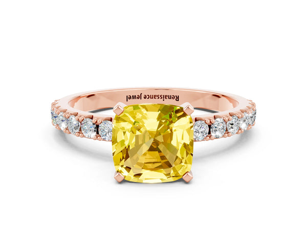 Rose gold Cushion Cut Yellow Sapphire Solitaire Pavé Band with Four-Prong Setting