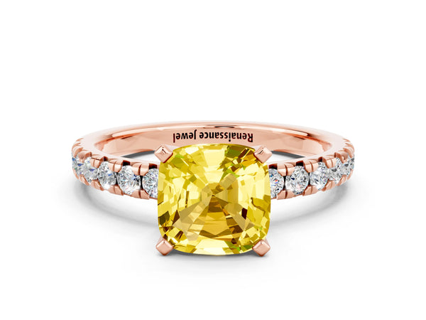 Rose gold Cushion Cut Yellow Sapphire Solitaire Pavé Engagement Ring with Round Band and Prong Setting