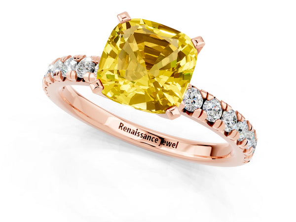 Rose gold Cushion Cut Yellow Sapphire Solitaire Pavé Engagement Ring with Round Band and Prong Setting