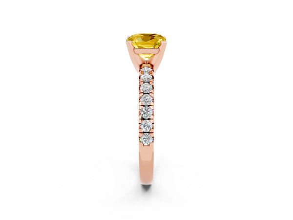 Rose gold Cushion Cut Yellow Sapphire Solitaire Pavé Engagement Ring with Round Band and Prong Setting
