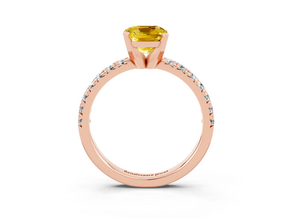 Rose gold Cushion Cut Yellow Sapphire Solitaire Pavé Engagement Ring with Round Band and Prong Setting