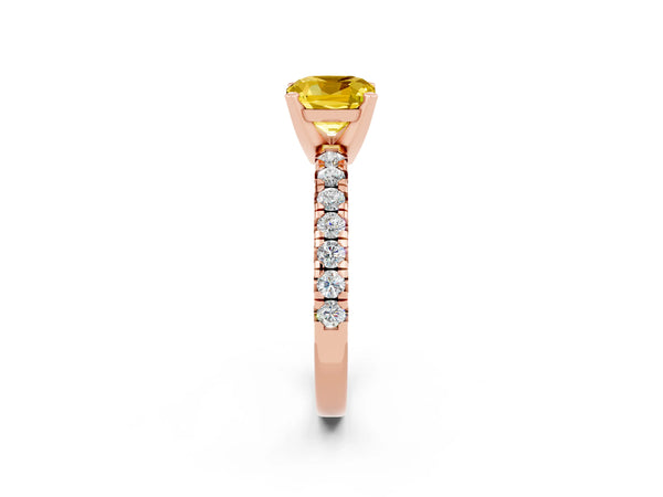 Rose gold Cushion Cut Yellow Sapphire Solitaire Pavé Engagement Ring with Round Band and Prong Setting
