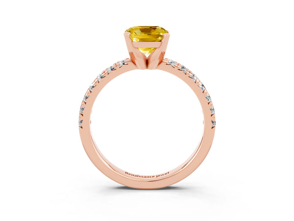 Rose gold Cushion Cut Yellow Sapphire Solitaire Pavé Engagement Ring with Round Band and Prong Setting