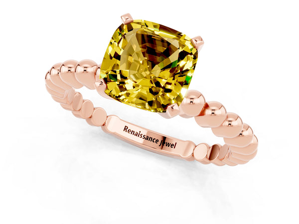 Rose gold Cushion Cut Yellow Sapphire Solitaire Ring with Beaded Band and Prong Setting