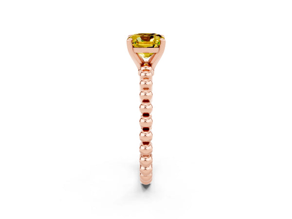 Rose gold Cushion Cut Yellow Sapphire Solitaire Ring with Beaded Band and Prong Setting