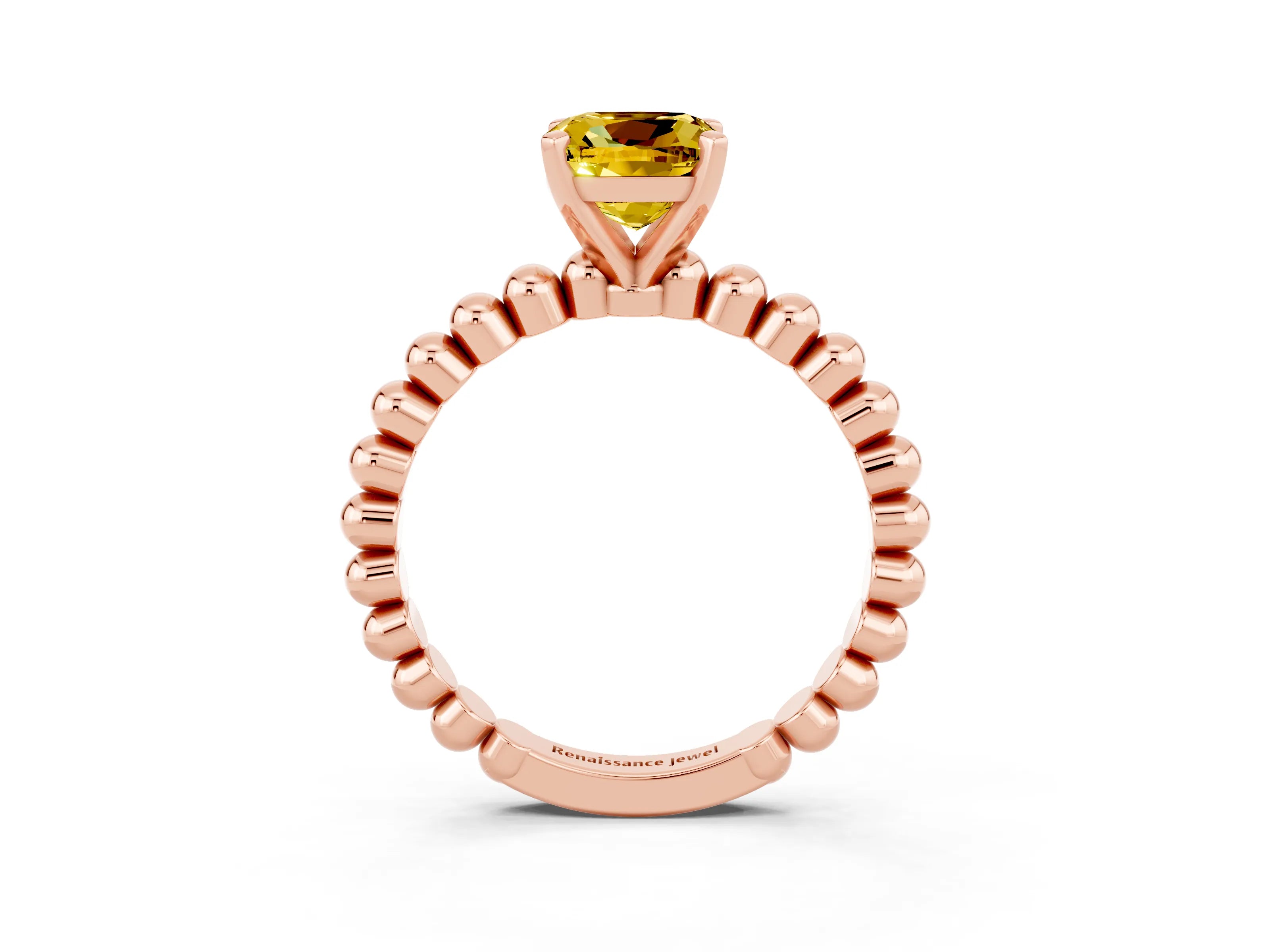 Rose gold Cushion Cut Yellow Sapphire Solitaire Ring with Beaded Band and Prong Setting_3