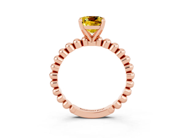 Rose gold Cushion Cut Yellow Sapphire Solitaire Ring with Beaded Band and Prong Setting
