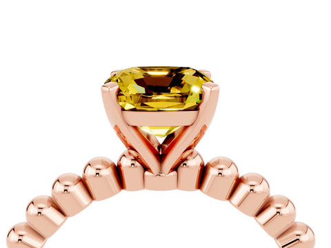 Rose gold Cushion Cut Yellow Sapphire Solitaire Ring with Beaded Band and Prong Setting_4