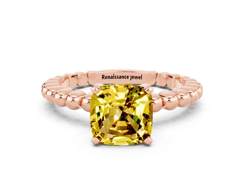 Rose gold Cushion Cut Yellow Sapphire Solitaire Ring with Beaded Band and Prong Setting