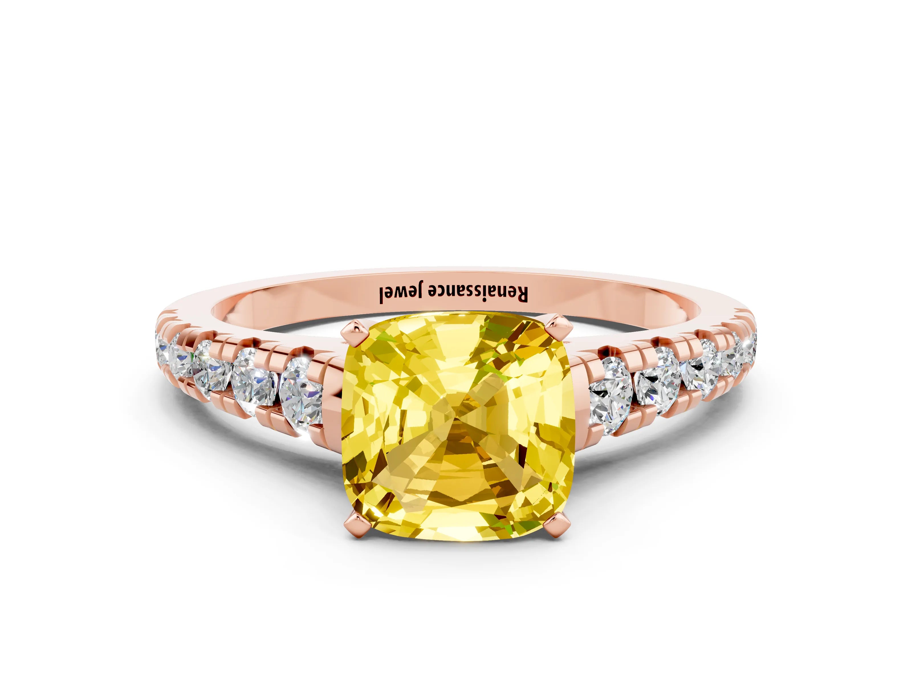 Rose gold Cushion Cut Yellow Sapphire Solitaire Ring with Cathedral Setting and Pavé Band_24