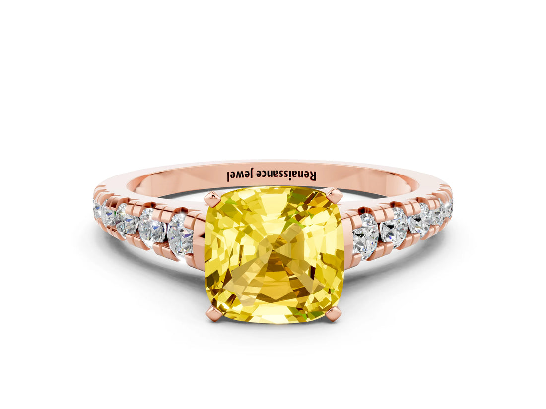 Rose gold Cushion Cut Yellow Sapphire Solitaire Ring with Cathedral Setting and Pavé Band_24