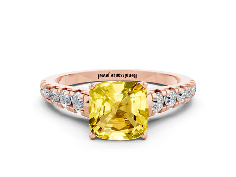 Rose gold Cushion Cut Yellow Sapphire Solitaire Ring with Cathedral Setting and Pavé Band_24