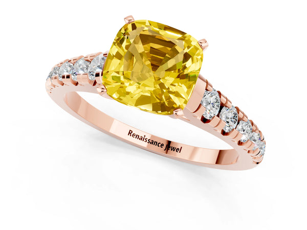 Rose gold Cushion Cut Yellow Sapphire Cathedral Solitaire Ring with Round  Pavé Band