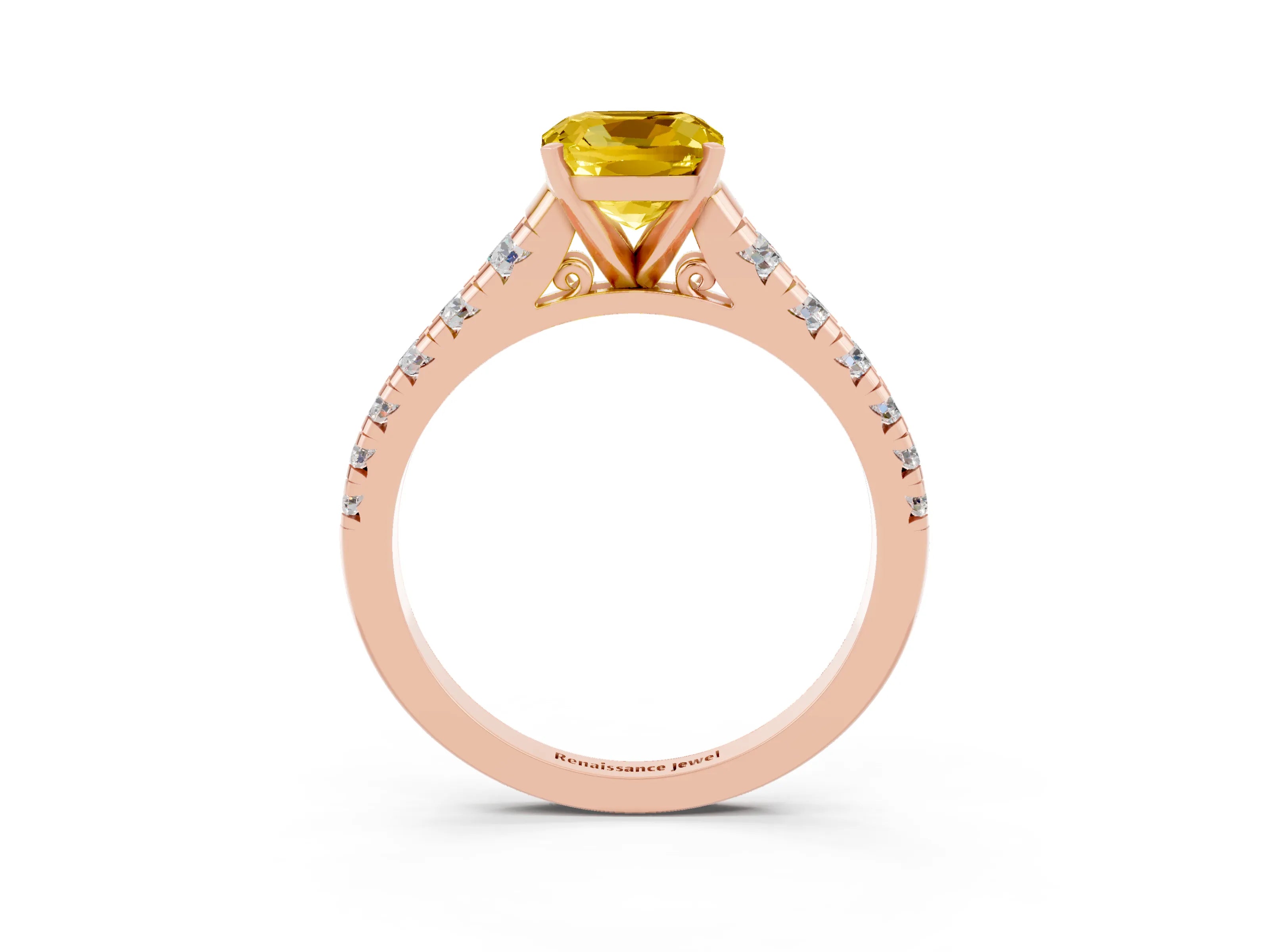 Rose gold Cushion Cut Yellow Sapphire Solitaire Ring with Cathedral Setting and Pavé Band_27