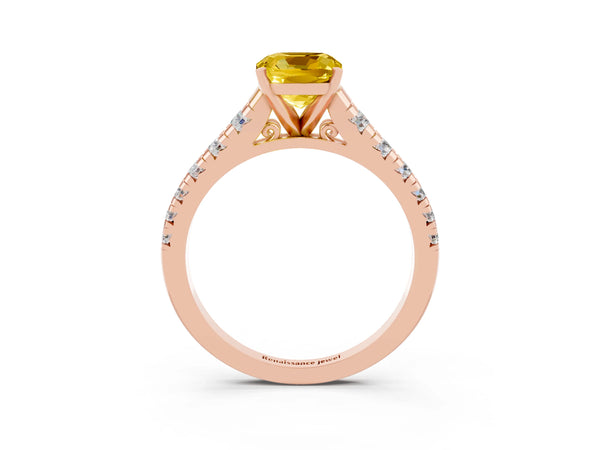 Rose gold Cushion Cut Yellow Sapphire Cathedral Solitaire Ring with Round  Pavé Band