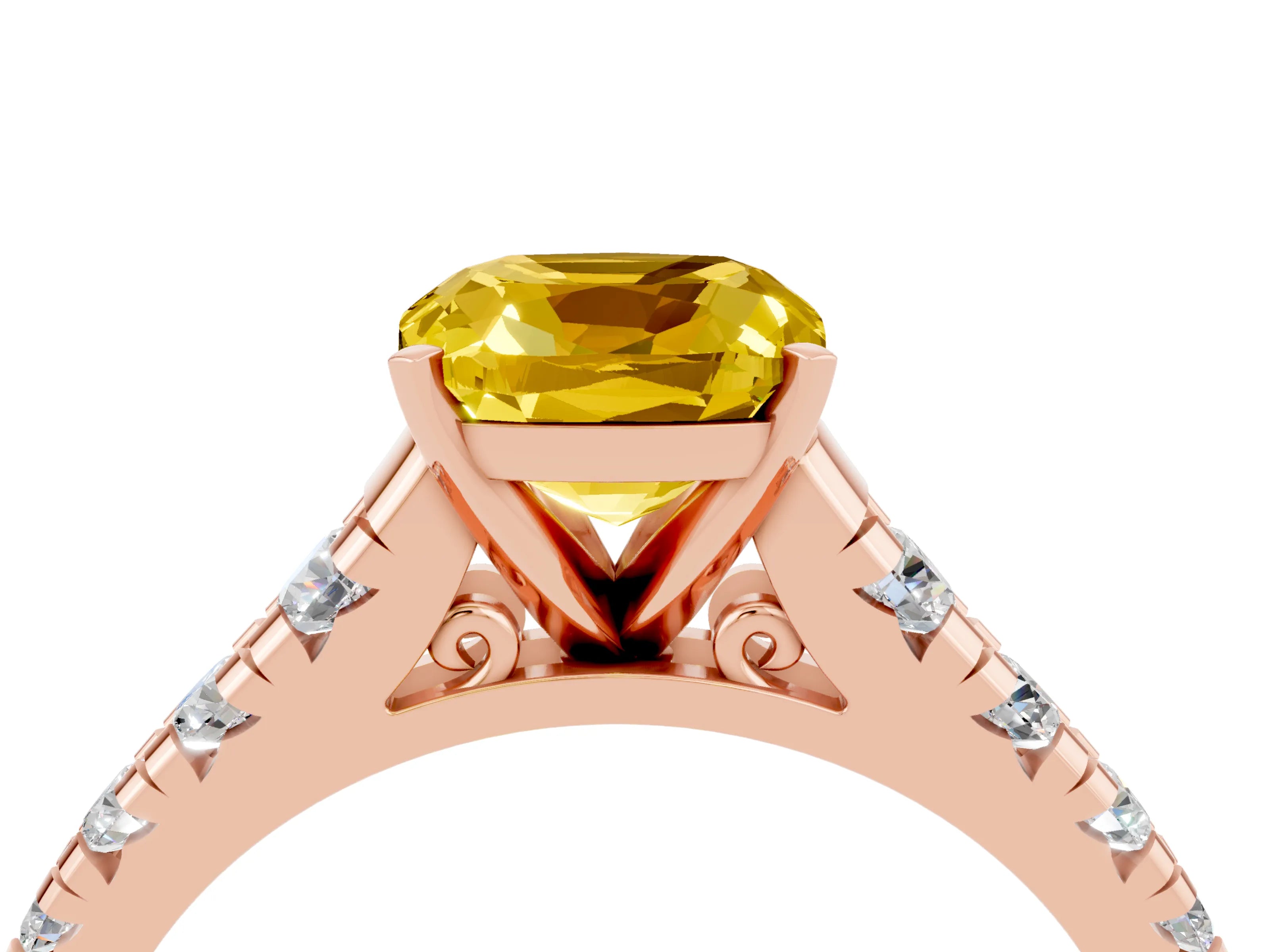 Rose gold Cushion Cut Yellow Sapphire Solitaire Ring with Cathedral Setting and Pavé Band_28
