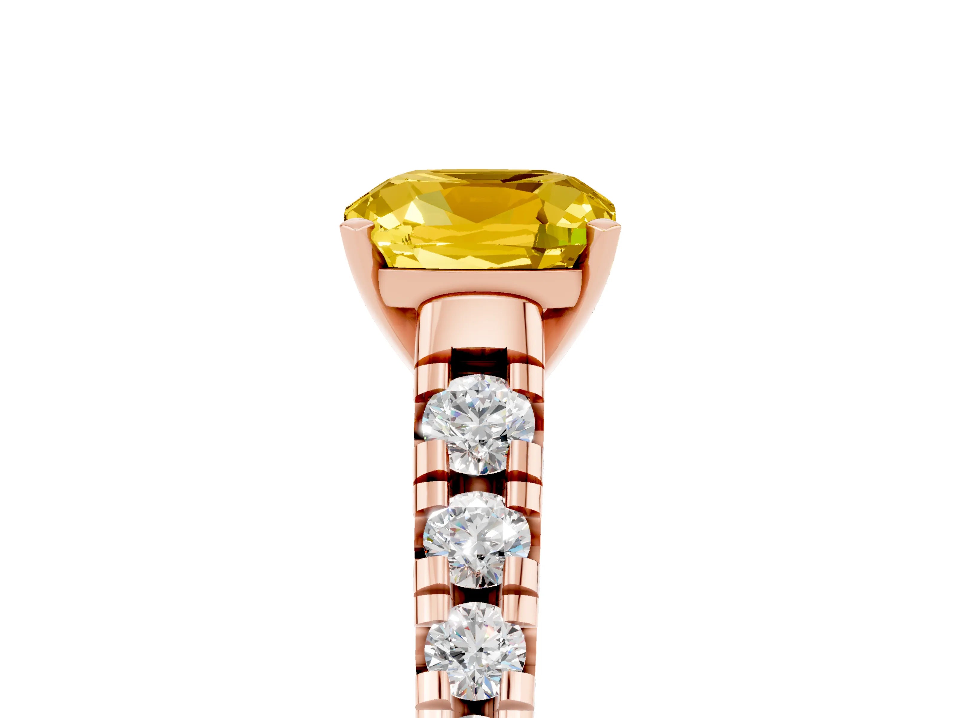 Rose gold Cushion Cut Yellow Sapphire Solitaire Ring with Cathedral Setting and Pavé Band_29