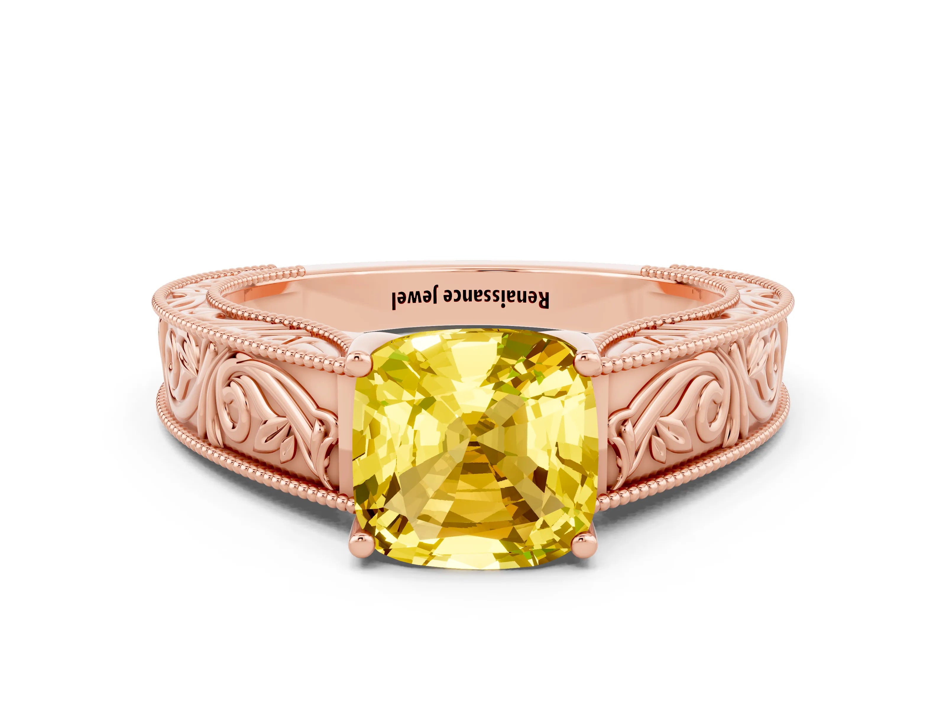 Rose gold Cushion Cut Yellow Sapphire Solitaire Ring with Engraved Band and Four-Prong Setting