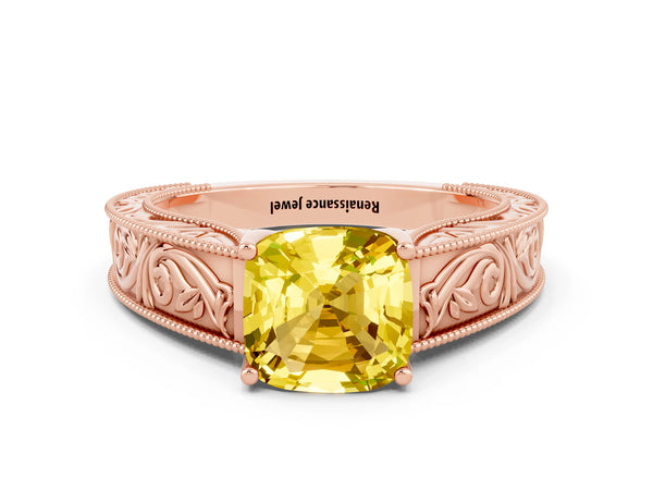 Rose gold Cushion Cut Yellow Sapphire Solitaire Ring with Engraved Band and Four-Prong Setting