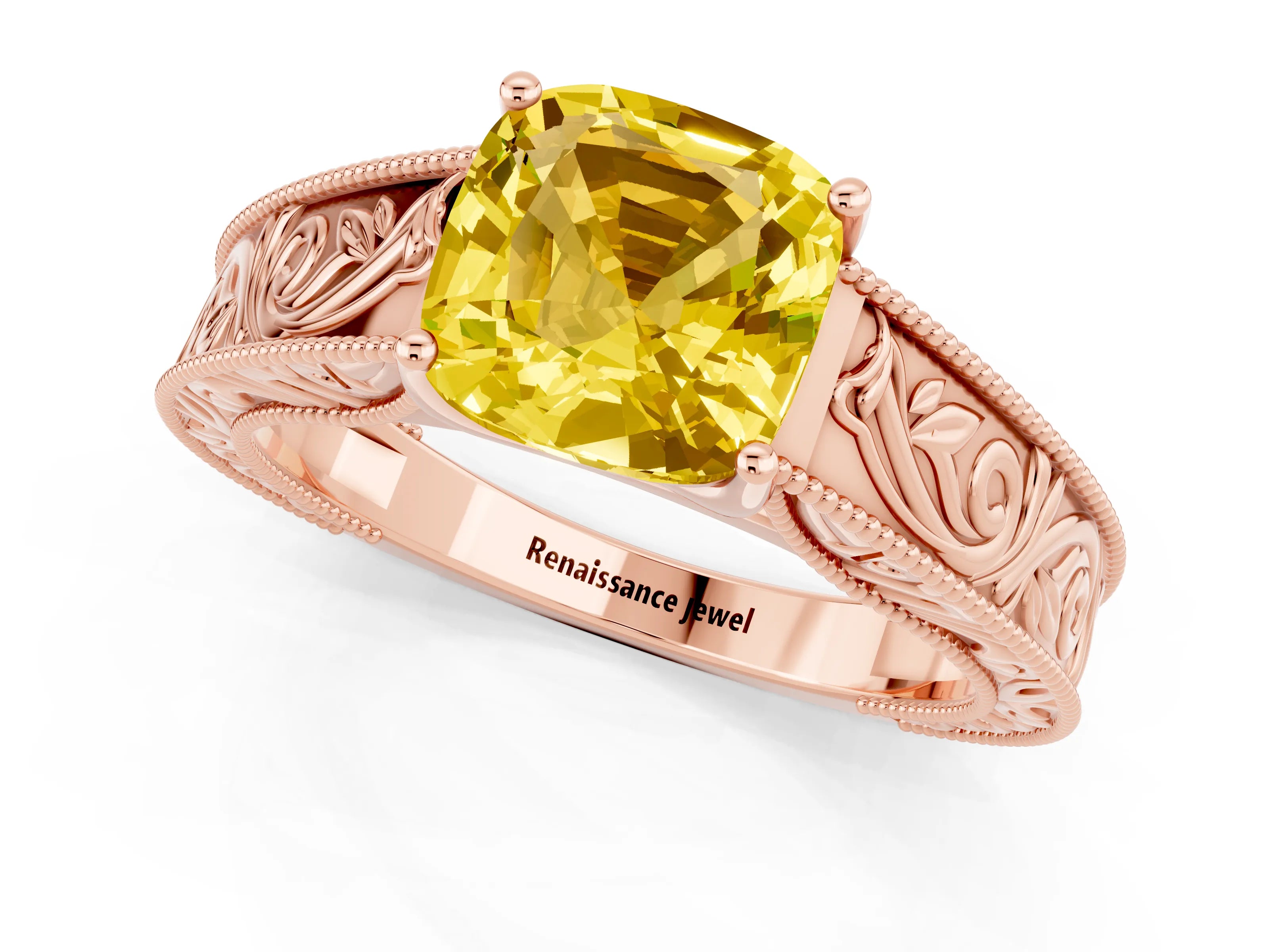 Rose gold Cushion Cut Yellow Sapphire Solitaire Ring with Engraved Band and Four-Prong Setting_1