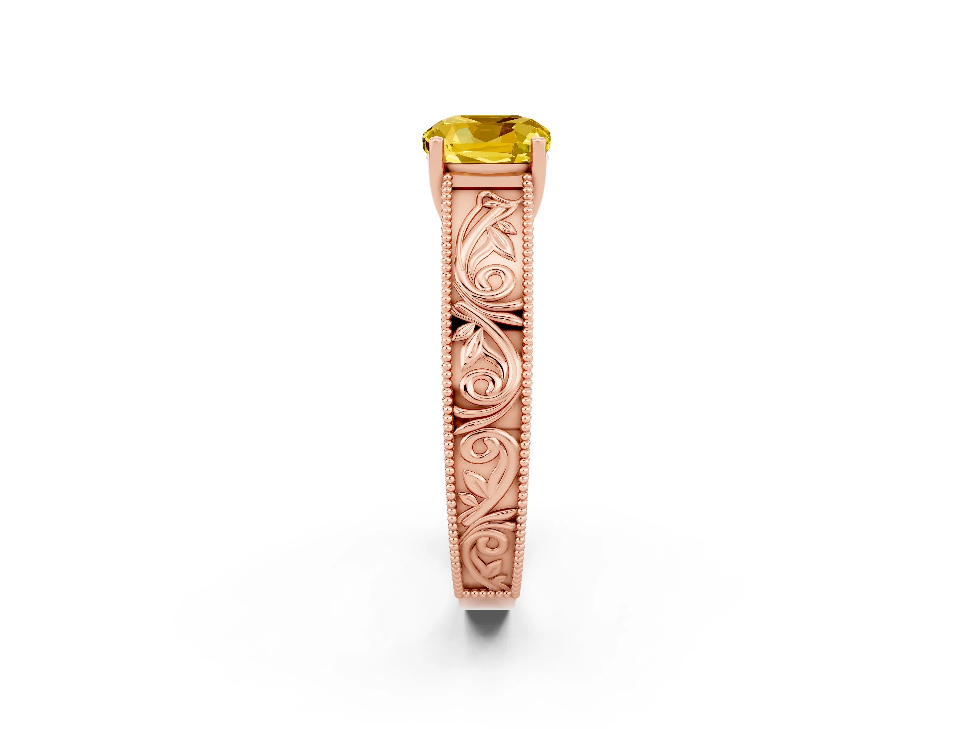 Rose gold Cushion Cut Yellow Sapphire Solitaire Ring with Engraved Band and Four-Prong Setting_2