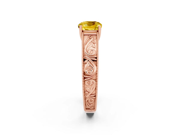 Rose gold Cushion Cut Yellow Sapphire Solitaire Ring with Engraved Band and Four-Prong Setting