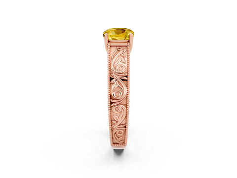 Rose gold Cushion Cut Yellow Sapphire Solitaire Ring with Engraved Band and Four-Prong Setting_2