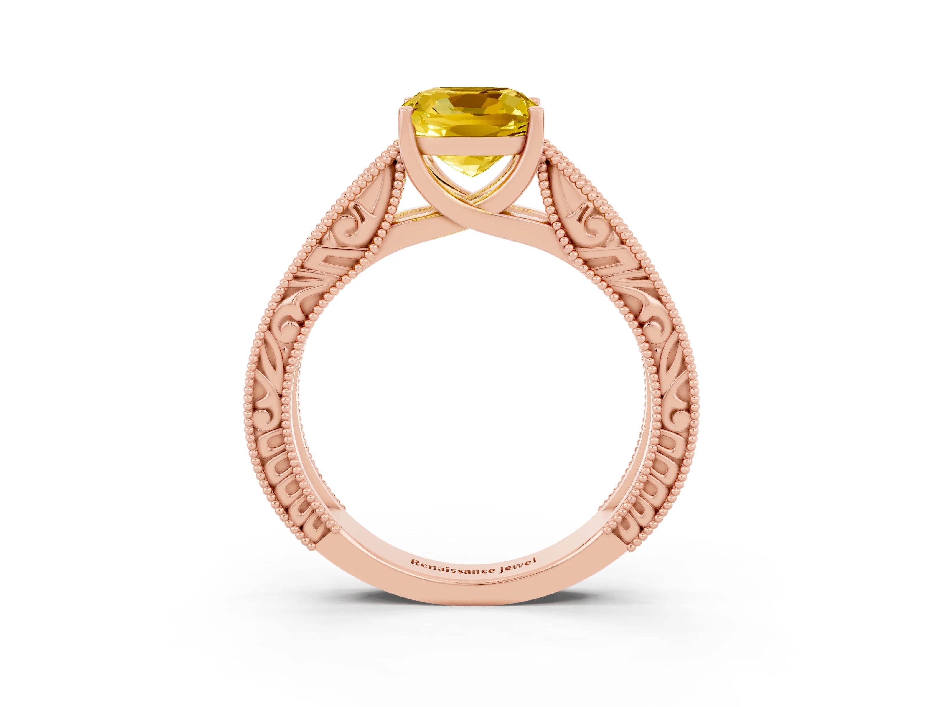 Rose gold Cushion Cut Yellow Sapphire Solitaire Ring with Engraved Band and Four-Prong Setting_3